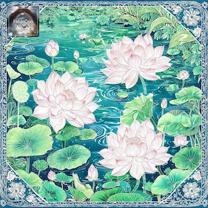 Serene pond design with multiple pale pink lotus blooms, broad lotus leaves, water ripples, and lush botanical details, accented by a refined blue-toned ornamental frame for a tranquil scenic presentation.