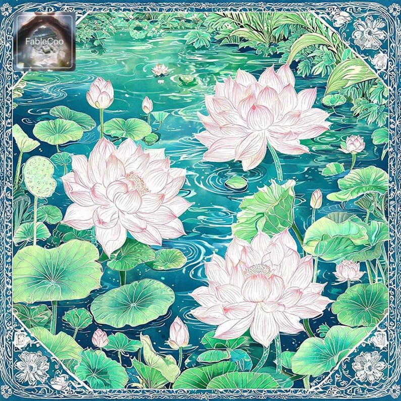 Serene pond design with multiple pale pink lotus blooms, broad lotus leaves, water ripples, and lush botanical details, accented by a refined blue-toned ornamental frame for a tranquil scenic presentation.