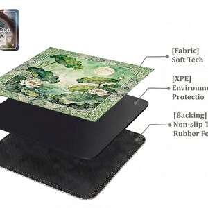 Layered construction display of the mahjong mat showing the printed fabric top layer, cushioned inner core, and non-slip rubber foam backing.