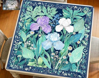 New Asian Style Navy Iris Mahjong Mat, Botanical Floral Game Table Pad, Waterproof Quiet Cover, Trendy Chinese-Chic Vogue Mat