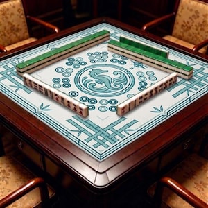 Seahorse themed mahjong mat displayed on a wooden game table with mahjong tiles arranged around the edges, showing the central ocean-inspired emblem and clean decorative border in a cozy indoor setting.