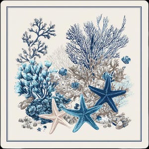 May include: Square decorative coaster with an underwater design. It features blue and white coral, seashells, and three starfish in shades of blue and cream. The coaster has a cream background with a navy blue border.