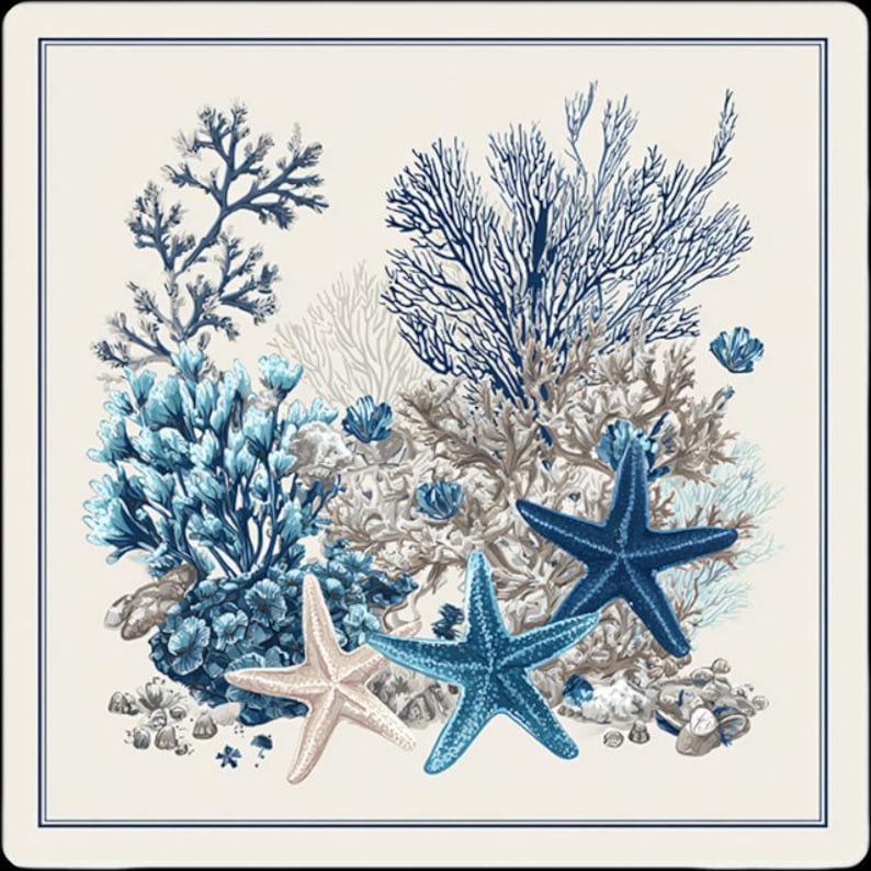 May include: Square decorative coaster with an underwater design. It features blue and white coral, seashells, and three starfish in shades of blue and cream. The coaster has a cream background with a navy blue border.