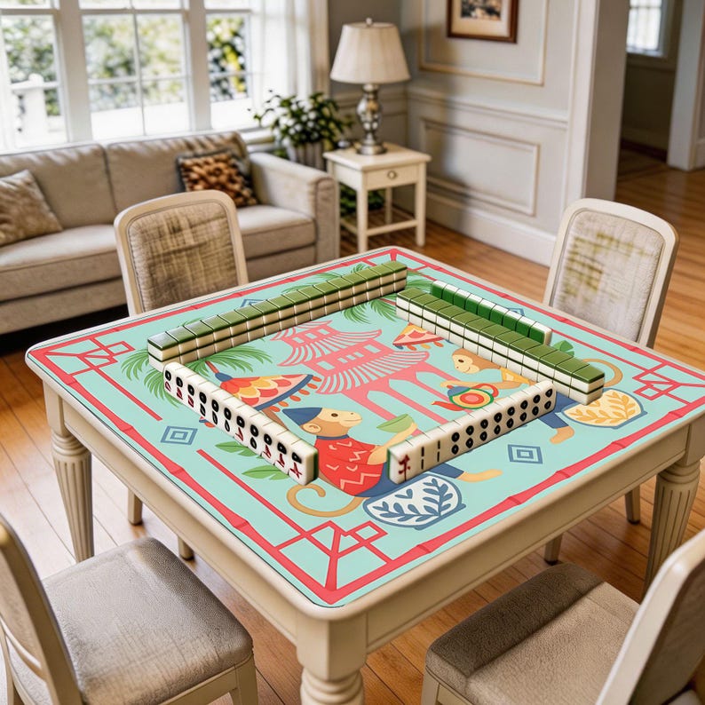 Decorative square game mat shown in use with mahjong tiles, highlighting the spacious playing area and whimsical tropical animal theme.
