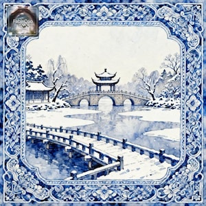 Blue and white winter garden mahjong mat artwork featuring a pavilion bridge over a snowy lake, bare trees, soft snowfall, and a richly patterned floral border in classic porcelain blue tones.