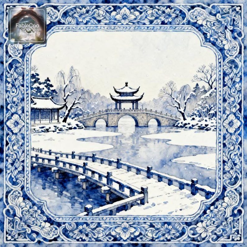 Blue and white winter garden mahjong mat artwork featuring a pavilion bridge over a snowy lake, bare trees, soft snowfall, and a richly patterned floral border in classic porcelain blue tones.