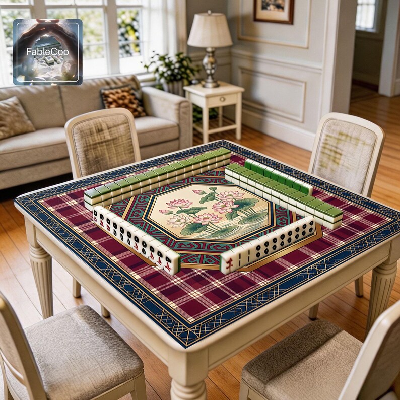 Oriental decorative game mat shown in use with mahjong tiles, highlighting the spacious square playing area, smooth cushioned surface, and refined central lotus artwork framed by geometric detailing, vintage plaid elements, and a luxurious burgundy, blue, green, gold, and cream color palette.