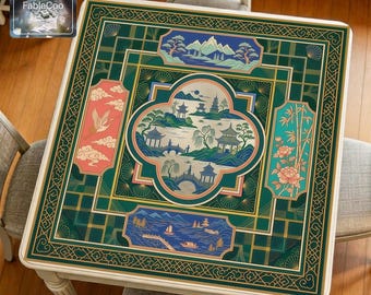 Asian Lake View Mahjong Mat, Waterproof Scenic Game Table Pad, Oriental Design