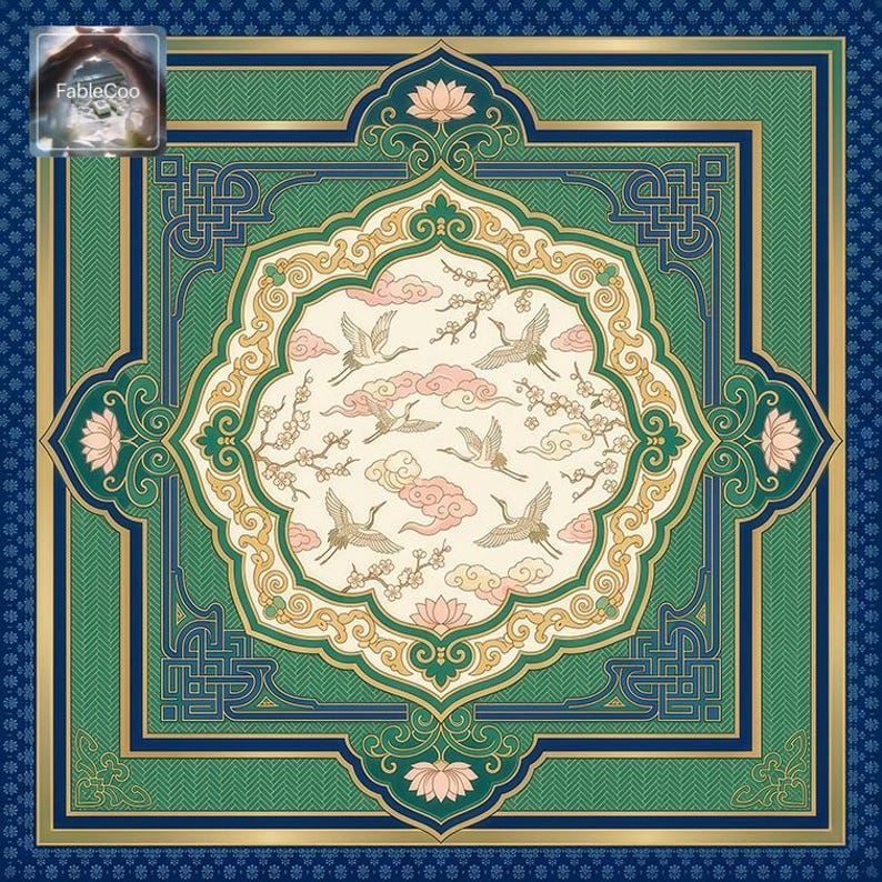 Alternative oriental-style design variation featuring multiple flying cranes, delicate blossoms, lotus accents, and ornate decorative framing in elegant green, blue, gold, blush, and ivory tones.