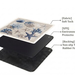Layered construction display of the mahjong mat showing the printed fabric top, cushioned inner layer, and non-slip rubber backing.