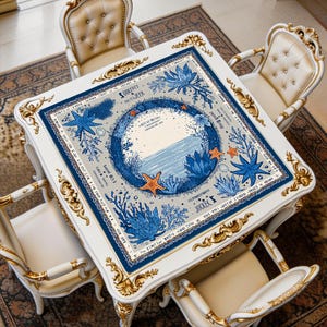Blue ocean art mahjong mat displayed on a square table, featuring starfish, coral, and an artistic circular seaside design in elegant coastal colors.