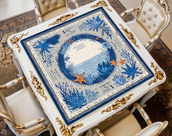 Blue Ocean Art Mahjong Mat, Coastal Game Table Pad, Noise Reducing Playmat
