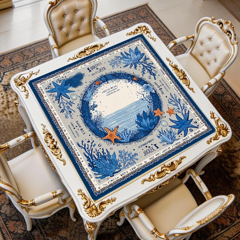 Blue ocean art mahjong mat displayed on a square table, featuring starfish, coral, and an artistic circular seaside design in elegant coastal colors.