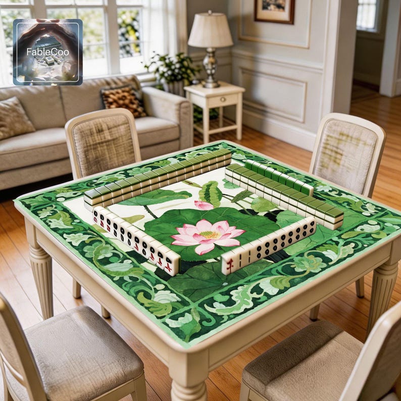 Pink lotus game mat shown in use with mahjong tiles, highlighting the spacious square playing area and the elegant floral pond composition with soft pink lotus blossoms, broad green leaves, and decorative botanical framing.