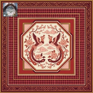 Red-toned phoenix floral design variation featuring paired birds, blooming flowers, and elegant ornamental framing in rich red, coral, blush, and ivory tones for a warm and luxurious tabletop presentation.
