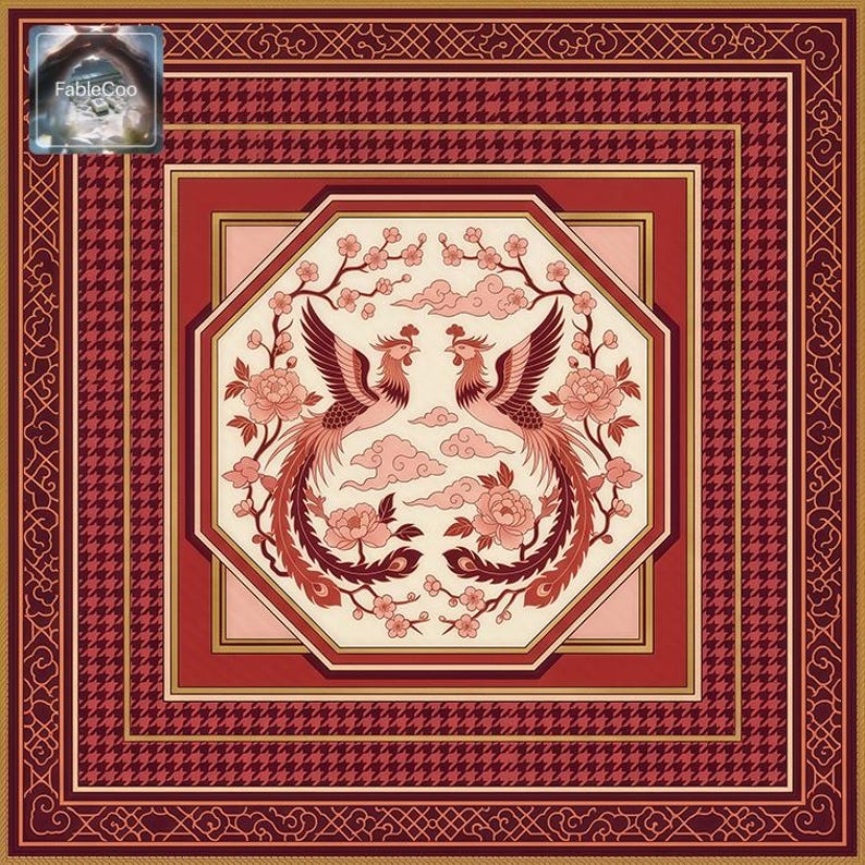 Red-toned phoenix floral design variation featuring paired birds, blooming flowers, and elegant ornamental framing in rich red, coral, blush, and ivory tones for a warm and luxurious tabletop presentation.