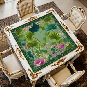 May include: A square white dining table with ornate gold trim and four matching chairs. The table's surface features a green floral design with large green leaves and pink flowers. The chairs have cream-colored upholstery and gold accents.