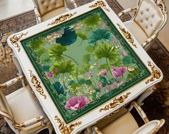 Lotus Mahjong Mat, Botanical Floral Game Table Pad, Noise Reducing Non Slip Cover
