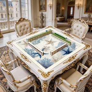 Decorative square game mat shown in use with mahjong tiles, highlighting the spacious surface and elegant ocean-inspired design.