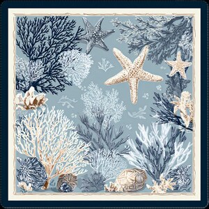 May include: Square scarf with a marine theme. The design features starfish, coral, and seashells in shades of blue, white, and beige against a light blue background. The scarf is framed by a dark blue border.