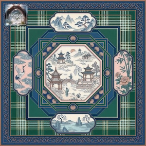 Alternative oriental scenic mahjong mat design in green and blue tones, featuring a central lakeside pavilion scene with geometric framing, crane and bamboo accents, stylized mountain panels, and intricate border ornamentation.