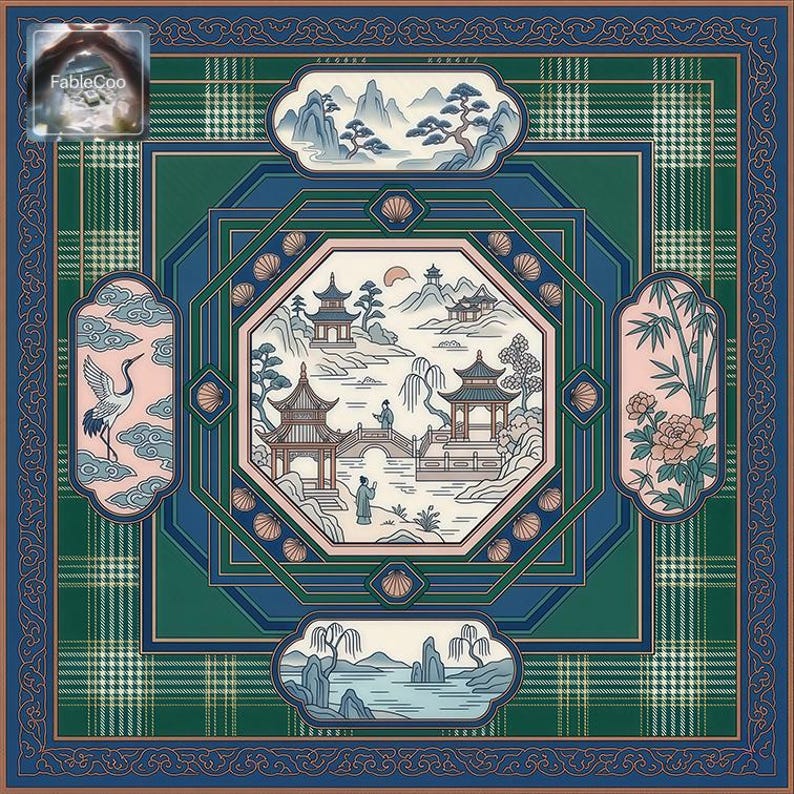 Alternative oriental scenic mahjong mat design in green and blue tones, featuring a central lakeside pavilion scene with geometric framing, crane and bamboo accents, stylized mountain panels, and intricate border ornamentation.