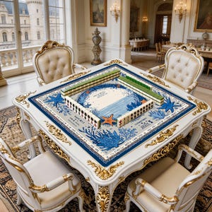 Decorative square game mat shown in use with mahjong tiles, highlighting the spacious playing surface and unique marine art layout.