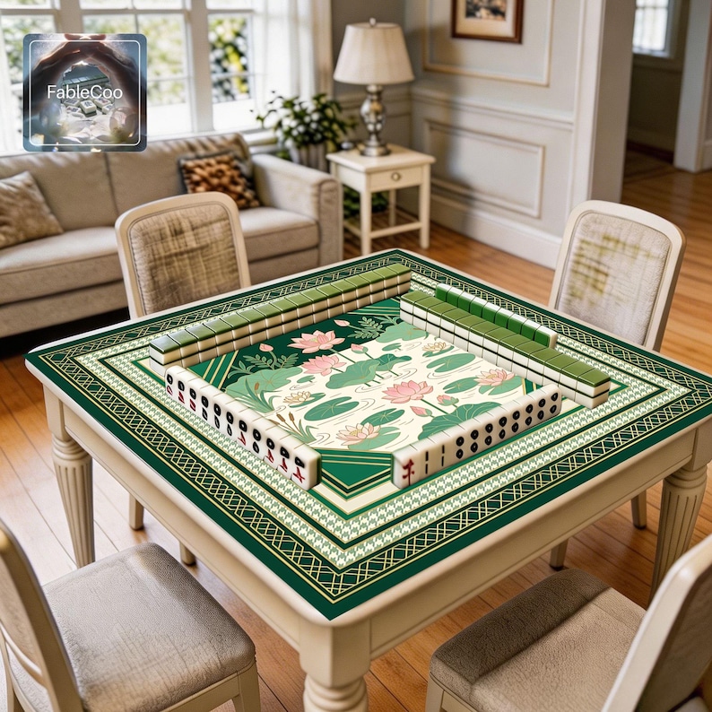 Oriental decorative game mat shown in use with mahjong tiles, highlighting the spacious square playing area, smooth cushioned surface, and graceful lotus pond artwork featuring lotus blossoms, lily pads, botanical accents, soft water ripples, and refined geometric framing in green, cream, blush pink, and gold.