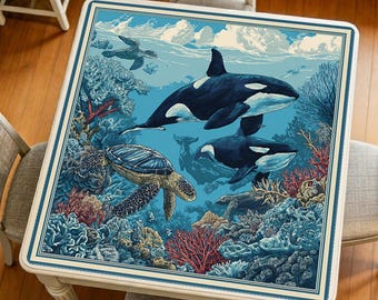 Tapis de mahjong océan tortue orque, tapis de table de jeu carré, art marin côtier