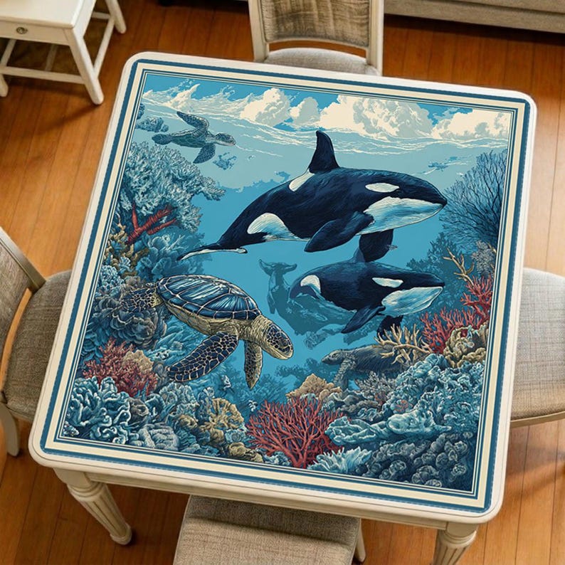 Blue orca mahjong mat displayed on a square table, featuring a vivid underwater design with orcas, sea turtles, coral reefs, and rich ocean blue tones.