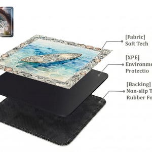 Layered construction display of the mahjong mat showing the printed fabric top layer, cushioned inner core, and non-slip rubber foam backing.