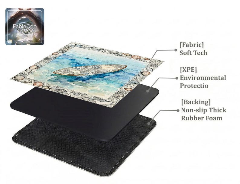 Layered construction display of the mahjong mat showing the printed fabric top layer, cushioned inner core, and non-slip rubber foam backing.