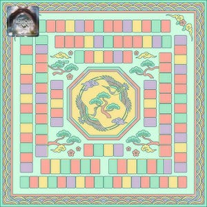 Pastel square game table mat with elegant crane motif, pine branches, blossoms, and soft rainbow-inspired tile layout in mint, peach, butter yellow, and lavender tones for a gentle decorative style.