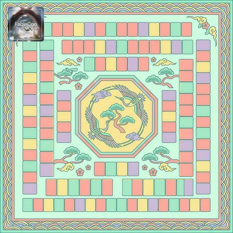 Pastel square game table mat with elegant crane motif, pine branches, blossoms, and soft rainbow-inspired tile layout in mint, peach, butter yellow, and lavender tones for a gentle decorative style.
