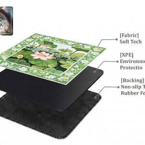 Layered construction display of the mahjong mat showing the printed fabric top layer, cushioned inner core, and non-slip rubber foam backing.
