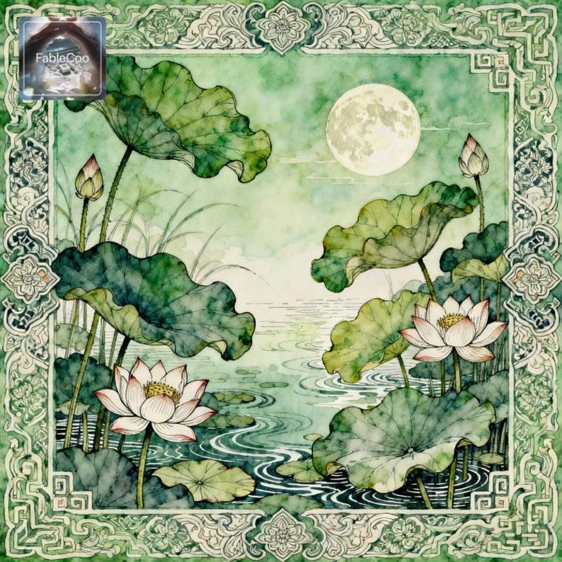 Chinese style lotus pond mahjong mat artwork featuring blooming lotus flowers, broad green lotus leaves, rippling water, a bright full moon, and an ornate decorative frame in soft jade and sage green hues.