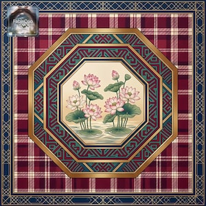 Asian-inspired table mat with a tranquil lotus garden scene, featuring a blooming lotus, pavilion architecture, birds in flight, water details, bamboo, floral accents, and classical ornamental borders in green, peach pink, ivory, gold, and deep blue tones.
