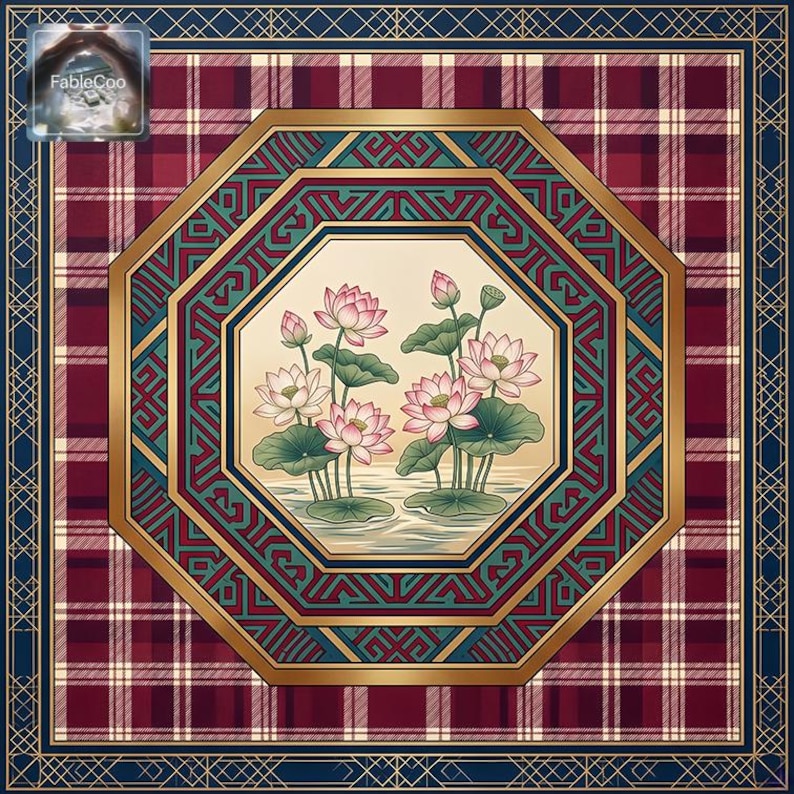 Asian-inspired table mat with a tranquil lotus garden scene, featuring a blooming lotus, pavilion architecture, birds in flight, water details, bamboo, floral accents, and classical ornamental borders in green, peach pink, ivory, gold, and deep blue tones.