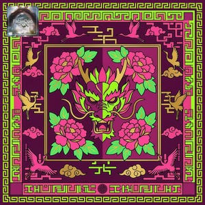 New Chinese-style floral dragon art mat with a dramatic dragon head, blooming peonies, flying cranes, clouds, and neon-inspired pink and green contrast for a striking decorative statement.