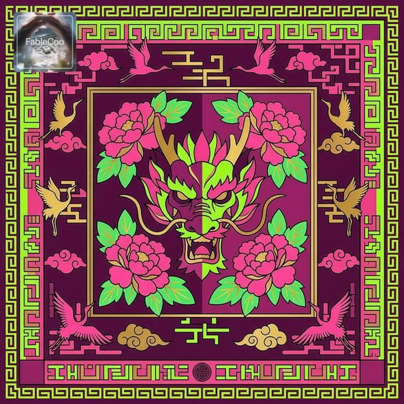 New Chinese-style floral dragon art mat with a dramatic dragon head, blooming peonies, flying cranes, clouds, and neon-inspired pink and green contrast for a striking decorative statement.