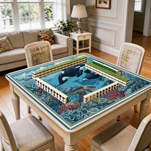 Ocean animal game mat shown in use with mahjong tiles, highlighting the spacious playing area and striking marine life artwork.