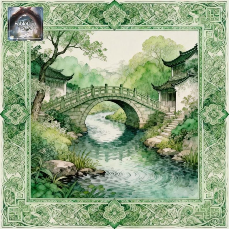 Green classical garden mahjong mat design featuring an elegant stone bridge over flowing water, traditional Chinese buildings, lush trees, and a symmetrical decorative frame with intricate floral motifs.