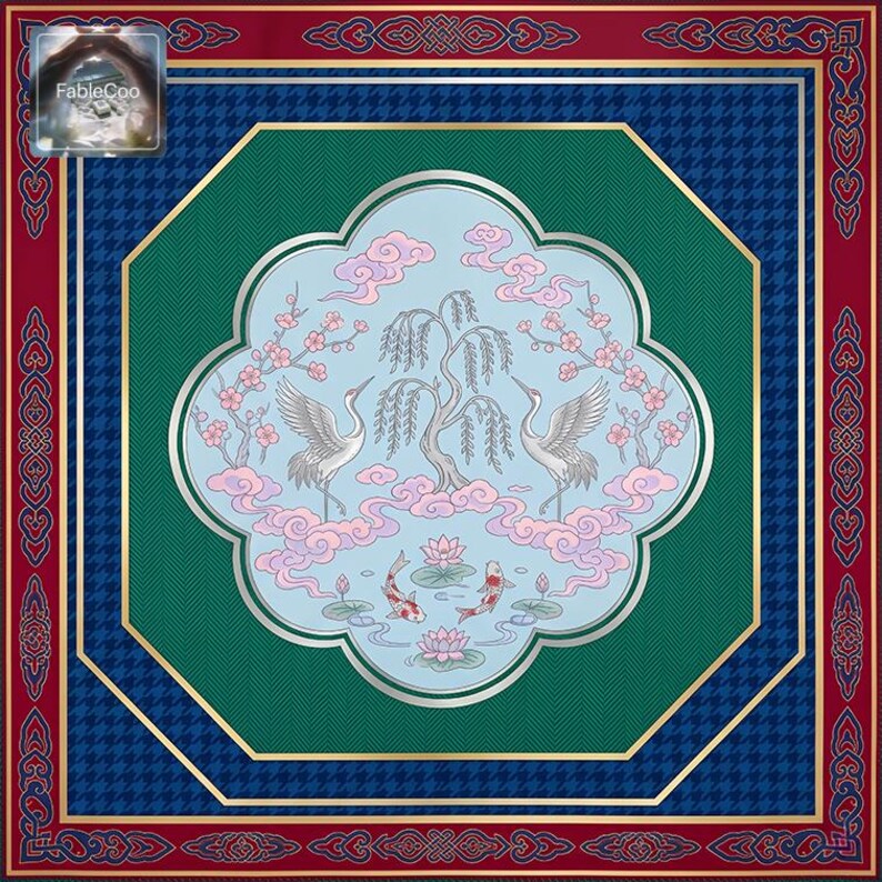 Flat lay product image of the original Asian decorative mahjong mat, showing the full composition with a central medallion featuring cranes, koi fish, flowering branches, lotus flowers, and cloud motifs surrounded by geometric framing and richly layered borders.