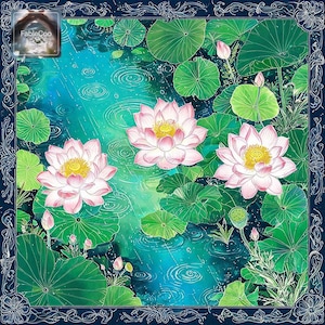 Elegant lotus water garden illustration featuring three soft pink lotus flowers, large green leaves, floating buds, rain-like ripple details, and a dark decorative floral border that adds depth and a sophisticated artistic finish.