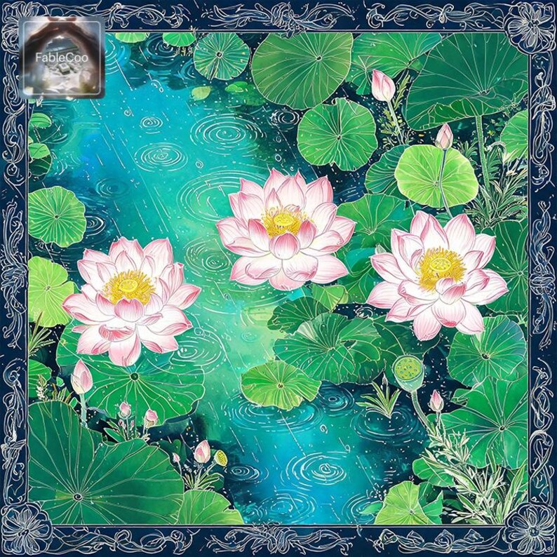 Elegant lotus water garden illustration featuring three soft pink lotus flowers, large green leaves, floating buds, rain-like ripple details, and a dark decorative floral border that adds depth and a sophisticated artistic finish.