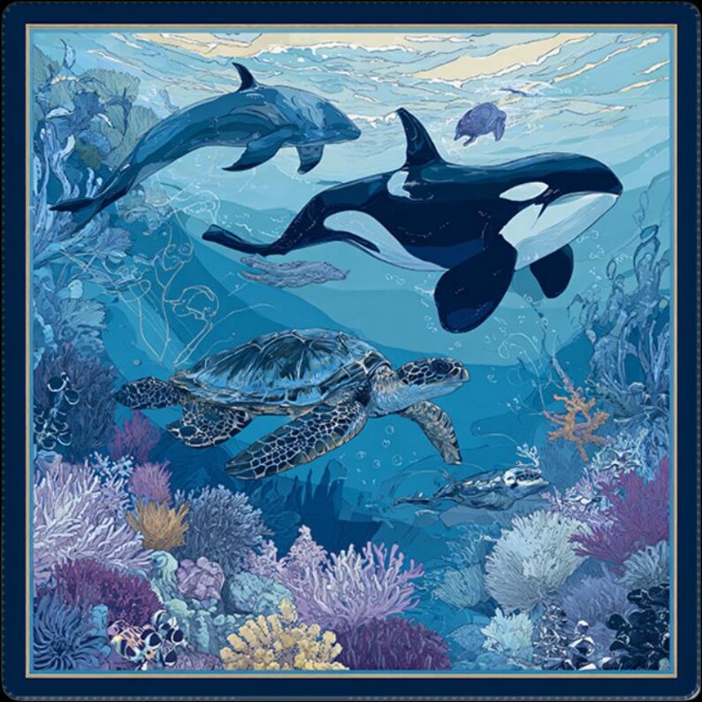 Soft blue ocean style mahjong mat design with an orca, sea turtle, dolphins, and pastel coral details, creating a calm and refreshing marine look.