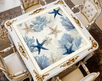 White Ocean Coral Mahjong Mat, Coastal Square Game Table Pad, Noise Reducing Playmat