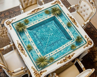 Pool Art Mahjong Mat, Blue Tile Game Table Pad, Modern Summer Design