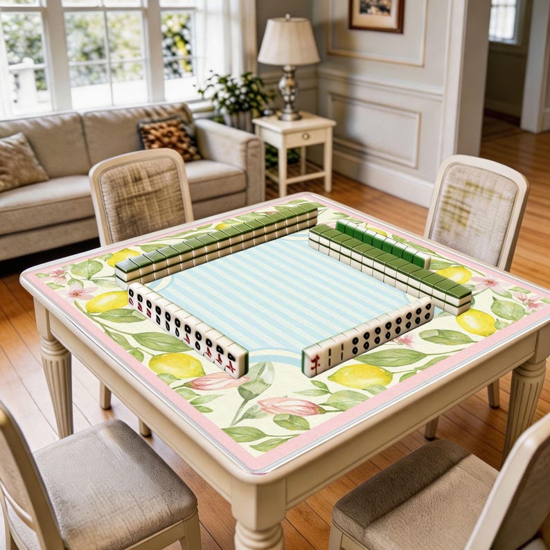 Mahjong mat shown in use with mahjong tiles arranged around the center, highlighting the soft citrus design and bright, welcoming home game room atmosphere.