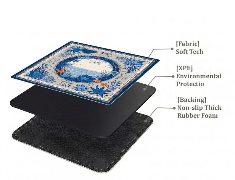 Layered construction display of the mahjong mat showing the printed fabric top, cushioned inner layer, and non-slip rubber backing.